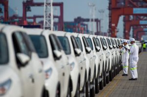 A total of 500 parallel-import SUVs of Toyota are lined up at a port in Shenzhen city, south China's Guangdong province, 10 April 2019. China's plan to expand its pilot parallel-import program in free trade zones will offer customers more choices and further open up its automotive industry. The State Council, China's cabinet, announced late last month that all China's 12 free trade zones should be allowed to pilot the parallel-import program. Meanwhile, the free trade zones are encouraged to offer bonded storage for such imports, according to the newspaper.No Use China. No Use France.